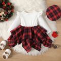 Christmas 2pcs Baby Girl Ruffle Long-sleeve Letter Embroidered Spliced Red Plaid Bow Front Irregular Hem Dress with Beret Set White image 2