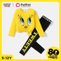 Looney Tunes 2pcs Kid Girl Character Print Tie Knot Long-sleeve Tee and Letter Print Leggings Set Yellow image 1