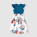 Family Matching Cotton Short-sleeve Colorblock T-shirts and Floral Print Spliced Dresses Sets Peacockblue image 3