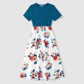 Family Matching Cotton Short-sleeve Colorblock T-shirts and Floral Print Spliced Dresses Sets Peacockblue image 2