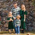 Family Matching Green Velvet Surplice Neck Ruffle-sleeve Dresses and Plaid Shirts Sets Green image 1
