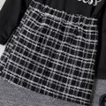 2pcs Kid Girl Letter Print Ruffled Black Tee and Tweed Plaid Skirt Set Black image 4