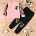 2pcs Kid Girl Leopard Print Colorblock Pullover Sweatshirt and Elasticized Pants Set Pink image 1
