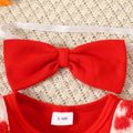 قطعتان من الفستان الأمامي للفتيات الصغيرات باللون الأحمر المضلع بأكمام طويلة مقسم من صوف شيربا مع ربطة رأس أحمر image 4