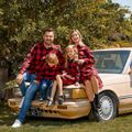Red and Black Plaid Print Family Matching Sets（Lapel Long-sleeve Belted Dresses and Shirts） Red image 3