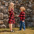 Red and Black Plaid Print Family Matching Sets（Lapel Long-sleeve Belted Dresses and Shirts） Red image 4