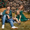 Family Matching Dark Green Lace 3/4 Sleeve Irregular Hem Dresses and Plaid Shirts Sets Green image 5