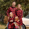 Red and Black Plaid Print Family Matching Sets（Lapel Long-sleeve Belted Dresses and Shirts） Red image 1