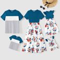 Family Matching Cotton Short-sleeve Colorblock T-shirts and Floral Print Spliced Dresses Sets Peacockblue image 1