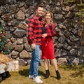 Christmas Family Matching Red Plaid Colorblock V Neck Belted Bodycon Dresses and Long-sleeve Button Shirts Sets redblack image 4