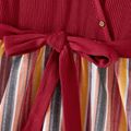Family Matching Button Front Ribbed Spliced Striped Dresses and Short-sleeve Colorblock T-shirts Sets WineRed image 5