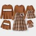 Family Matching Coffee Ribbed Spliced Plaid Belted Dresses and Long-sleeve Colorblock Tops Set Coffee image 1