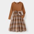 Family Matching Coffee Ribbed Spliced Plaid Belted Dresses and Long-sleeve Colorblock Tops Set Coffee image 2
