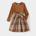 Family Matching Coffee Ribbed Spliced Plaid Belted Dresses and Long-sleeve Colorblock Tops Set Coffee image 3