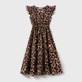 Family Matching Leopard Print Flutter-sleeve Belted Dresses and Short-sleeve Colorblock T-shirts Sets Coffee image 2