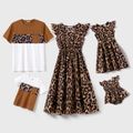 Family Matching Leopard Print Flutter-sleeve Belted Dresses and Short-sleeve Colorblock T-shirts Sets Coffee image 1