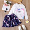 2pcs Kid Girl Unicorn Print Long-sleeve Tee and Layered Skirt Set White image 1