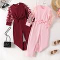 Kid Girl 3D Butterfly Design Mesh Sleeve Belted Corduroy Jumpsuit Light Pink image 2