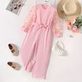 Kid Girl 3D Butterfly Design Mesh Sleeve Belted Corduroy Jumpsuit Light Pink image 1
