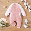 Baby Girl Letter Design Colorblock Raglan-sleeve Quilted Button Jumpsuit PinkyWhite image 1