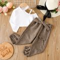 2pcs Toddler Girl Trendy One Shoulder Tee and Belted Pants Set White image 1