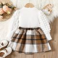 2pcs Toddler Girl Preppy style Textured Puff-sleeve Tee and Plaid Pleated Skirt Set OffWhite image 3