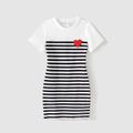 Valentine's Day Family Matching Red Heart Embroidered Cotton Striped Spliced Short-sleeve Bodycon Dresses and T-shirts Sets BlackandWhite image 3