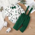 2pcs Baby Boy 100% Cotton Green Suspender Pants and Allover Dinosaur Print Long-sleeve Gentleman Bow Tie Romper Party Outfits Set Green image 1