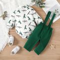 2pcs Baby Boy 100% Cotton Green Suspender Pants and Allover Dinosaur Print Long-sleeve Gentleman Bow Tie Romper Party Outfits Set Green image 3