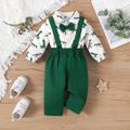 2pcs Baby Boy 100% Cotton Green Suspender Pants and Allover Dinosaur Print Long-sleeve Gentleman Bow Tie Romper Party Outfits Set Green image 2