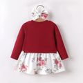 2pcs Baby Girl 95% Cotton Long-sleeve Letter Embroidered Spliced Floral Print Dress with Headband Set Burgundy image 2