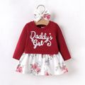 2pcs Baby Girl 95% Cotton Long-sleeve Letter Embroidered Spliced Floral Print Dress with Headband Set Burgundy image 1