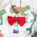 2pcs Baby Boy 100% Cotton Solid Casual Pants and Allover Dinosaur Print Long-sleeve Bow Tie Shirt Romper Set Army green image 4