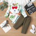 2pcs Baby Boy 100% Cotton Solid Casual Pants and Allover Dinosaur Print Long-sleeve Bow Tie Shirt Romper Set Army green image 1