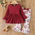 2pcs Toddler Girl Sweet Ribbed Peplum Tee and Floral Print Flared Pants Set Red image 1