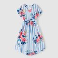 Family Matching Cotton Short-sleeve Colorblock T-shirts and Striped Floral Print V Neck Belted Dresses Sets Blue image 2
