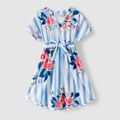 Family Matching Cotton Short-sleeve Colorblock T-shirts and Striped Floral Print V Neck Belted Dresses Sets Blue image 5
