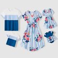 Family Matching Cotton Short-sleeve Colorblock T-shirts and Striped Floral Print V Neck Belted Dresses Sets Blue image 1