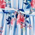 Family Matching Cotton Short-sleeve Colorblock T-shirts and Striped Floral Print V Neck Belted Dresses Sets Blue image 3