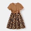 Family Matching Khaki Short-sleeve Spliced Leopard Print Midi Dresses and T-shirts Sets Khaki image 5