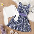 2pcs Kid Girl Floral Print Belted Sleeveless Dress and Bowknot Design Cardigan Set Lavender image 2