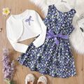 2pcs Kid Girl Floral Print Belted Sleeveless Dress and Bowknot Design Cardigan Set Lavender image 1