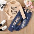 2pcs Kid Girl Letter Print Long-sleeve Tee and Patchwork Rippen Denim Jeans Set Almond Beige image 1