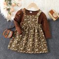 2pcs Toddler Girl Sweet Puff-sleeve Tee and Floral Print Corduroy Overall Dress Set Brown image 1