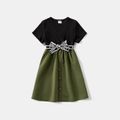 Mommy and Me Button Front Letter Belted Solid Spliced Short-sleeve Dresses Army green image 4