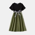 Mommy and Me Button Front Letter Belted Solid Spliced Short-sleeve Dresses Army green image 2