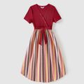 Family Matching Button Front Ribbed Spliced Striped Dresses and Short-sleeve Colorblock T-shirts Sets WineRed image 2