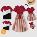 Family Matching Button Front Ribbed Spliced Striped Dresses and Short-sleeve Colorblock T-shirts Sets WineRed image 1