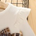 Baby Girl Solid Rib Knit Ruffle Long-sleeve Spliced Plaid Bow Front Dress Beige image 3