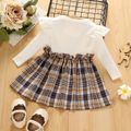 Baby Girl Solid Rib Knit Ruffle Long-sleeve Spliced Plaid Bow Front Dress Beige image 2